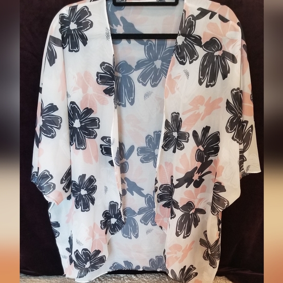 Accessories - Floral Sheer Kimono Wrap - White with Black & Blush Flowers